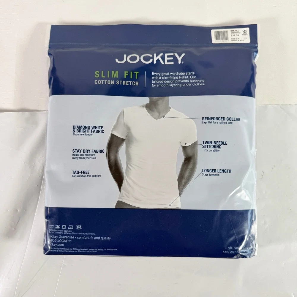 Jockey Men Slim Fit V-Neck T-Shirts 2-Pack Cotton Stretch Grey Size S NWT